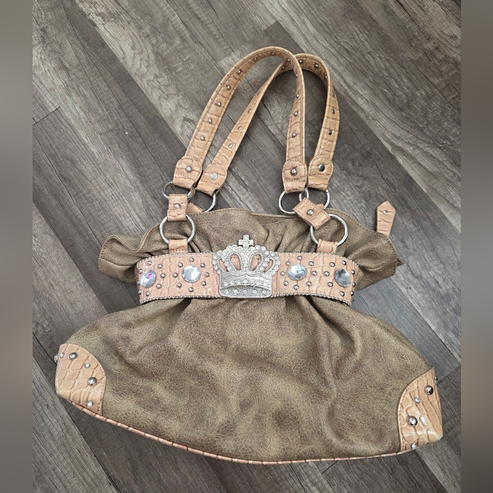 Vintage Tan and Brown Studded Shoulder Bag with Crown Accent